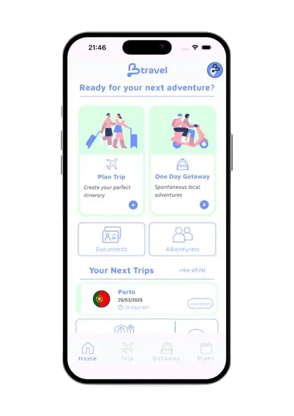 beetravel app home screen with shortcuts for Plan Trip, One Day Getaway, documents, and upcoming trips