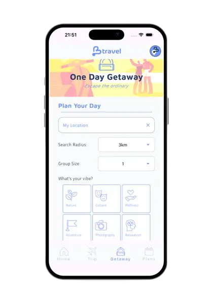 One Day Getaway setup screen with city, distance, group and vibe selection