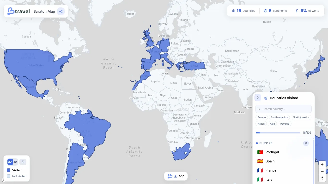 Beetravel Scratch Map showing 18 visited countries painted across a world map