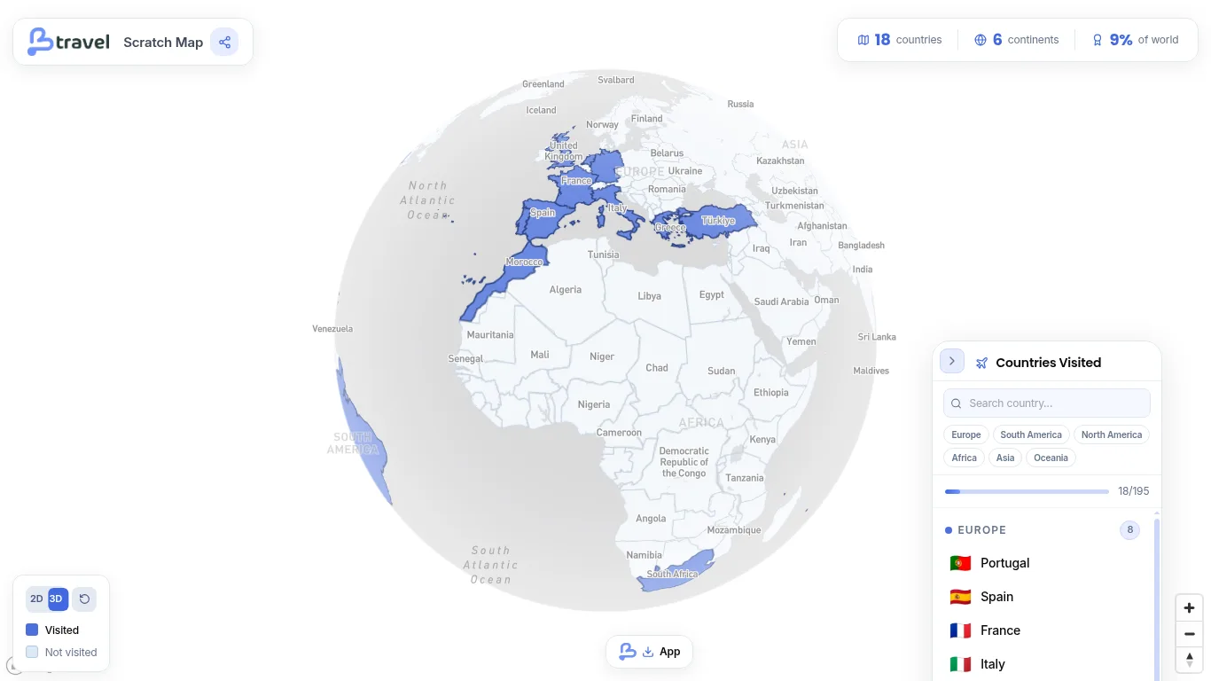 Beetravel Scratch Map em modo globo 3D, destacando países visitados
